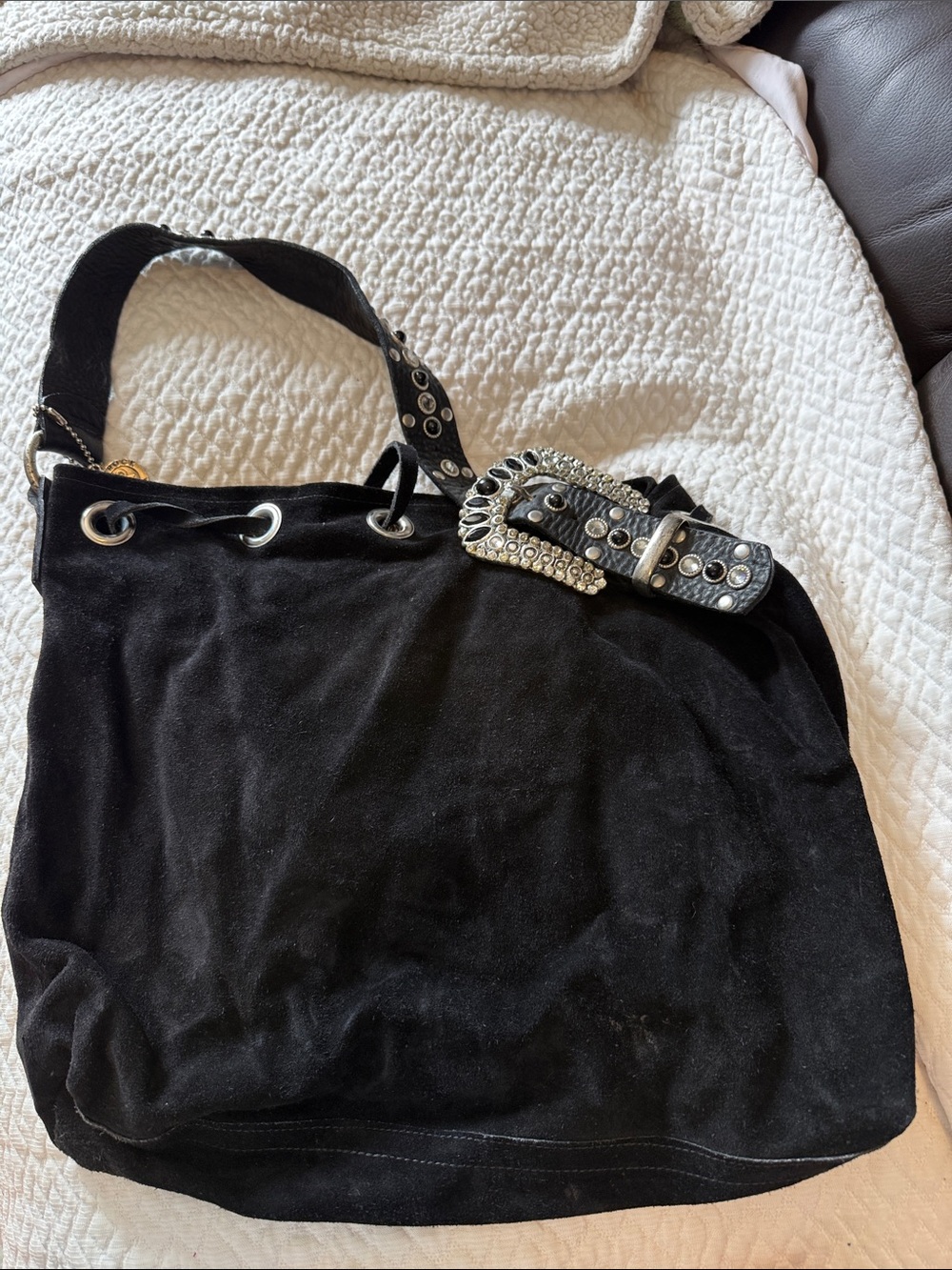 Black Suede Shoulder Bag with Embellished Buckle Strap